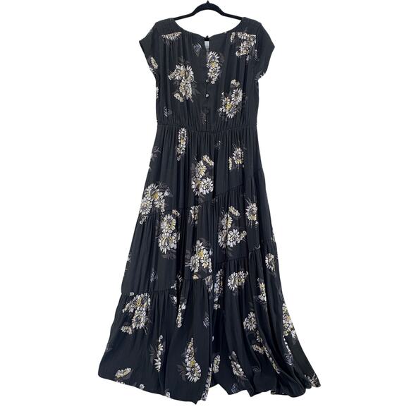 FREE PEOPLE Black All I Got Floral Tiered Flared Maxi Long Dress Size 12 0 - Picture 8 of 11